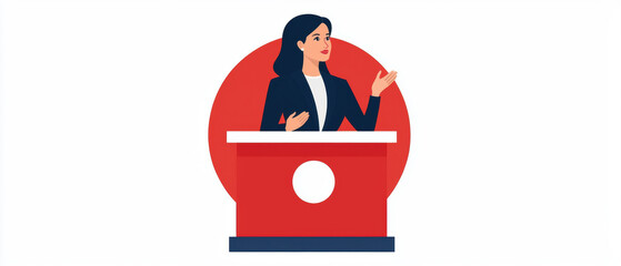 Naklejka premium confident businesswoman stands as leader at podium, engaging audience with her ideas and vision for success. businesswoman leader digital nomad