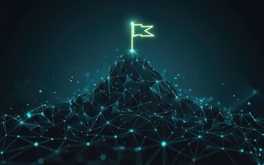Climbing towards the flag: A digital illustration captures a flag planted atop a mountain peak, symbolizing achievement, ambition, and goal setting.  
