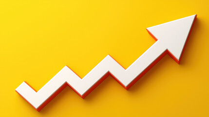 Increasing arrow symbol on bright yellow background represents growth and success, conveying positive trend in business
