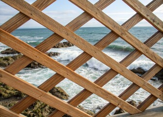 Seamless wood texture: 3D-rendered trellis, tileable wooden fence, ocean waves double exposure.