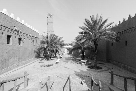 Alley with palm trees and renovated houses in the traditional village of Shaqra in Saudi Arabia. Shaqra is a traditional restored village made of clay bricks