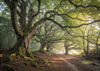 Fototapeta premium Serene ancient grove: secluded forest portrait photography captures ethereal beauty.