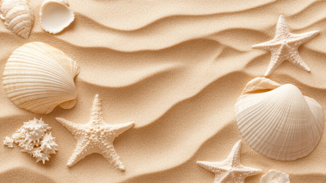 Top view of a sandy beach texture with imprints of exotic seashells and starfish