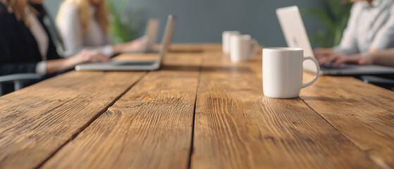 businesswoman and leader engage in productive meeting at wooden table with laptops and coffee mugs, fostering collaboration and innovation. businesswoman leader digital nomad