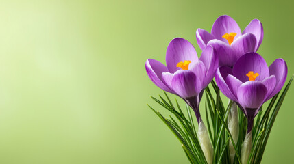 Fototapeta premium Vibrant crocus flowers bloom with purple petals and bright yellow centers, showcasing nature beauty against soft green