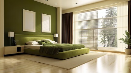 Modern luxury bedroom with a lime olive velour bed as the centerpiece, framed by a dark khaki green accent wall, wood parquet floors reflecting soft light, minimalist decor 