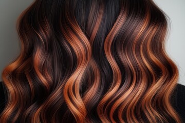 Stunning wavy hairstyle featuring dark roots and vibrant copper highlights in a modern salon setting