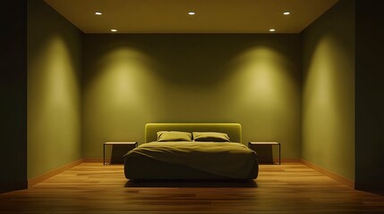 Modern minimalist bedroom with a lime olive bed, khaki green painted wall framed by soft recessed lighting, wood parquet floors, empty wall space for art 