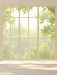 Fototapeta premium large window view of lush green trees with soft white light and shadows on floor in minimal interior