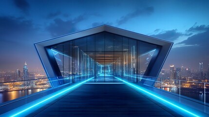 Obraz premium Modern platform with angular architecture, illuminated by subtle blue lights, large glass walls revealing a dazzling city skyline at night, skyscrapers glowing vividly under a clear sky 