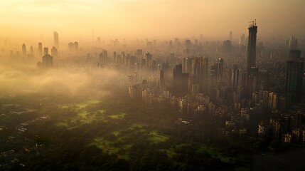 Naklejka premium Modern Pune skyline seen from an aerial view, skyscrapers towering amidst a hazy smoggy atmosphere, green patches of trees breaking the concrete monotony, soft evening light enhancing the cityscape 