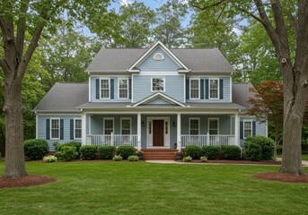 Obraz premium A two story house with a porch and a lawn surrounded by trees on a sunny day in the summer