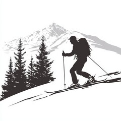 Silhouette of a Skier Climbing Mountain with Pine Trees