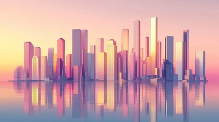 Fototapeta premium Modern urban skyline set against a pastel sunset sky, glass skyscrapers glowing softly in pink and gold tones, the still water below reflecting the harmonious scene 