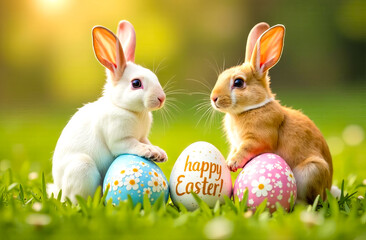 Fototapeta premium Two cute Easter rabbits and colorful painted eggs with the inscription 
