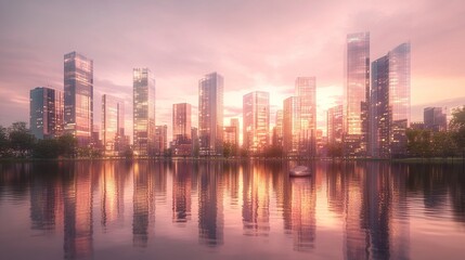 Obraz premium Modern urban skyline set against a pastel sunset sky, glass skyscrapers glowing softly in pink and gold tones, the still water below reflecting the harmonious scene