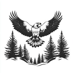 Obraz premium Black and white silhouette of an eagle soaring above trees