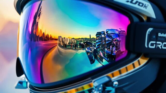 Colorful ski goggles reflecting city skyline at sunset