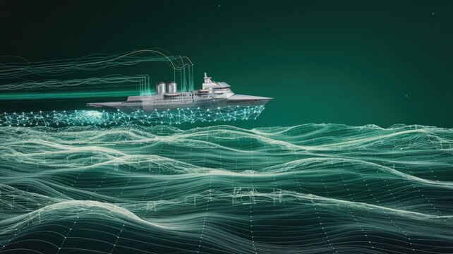 Digital Sea Voyage: A modern warship elegantly traverses a stylized ocean rendered with digital lines, symbolizing advanced technology and naval prowess.