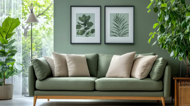 Green mint sofa against green wall with poster frame Boho style interior design of modern living room