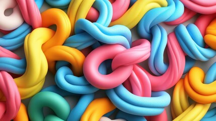 Fototapeta premium A vibrant close-up view of colorful tangled strands resembling shiny clay or putty in bright shades of pink blue yellow orange and green intertwined together