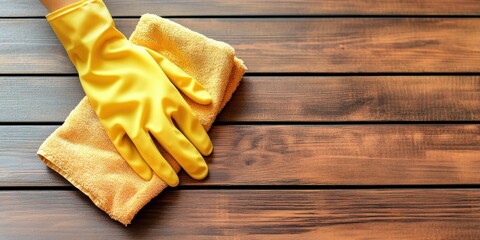 Cleaning a wooden table with a yellow glove and cloth at home on a sunny day for a fresh and tidy environment