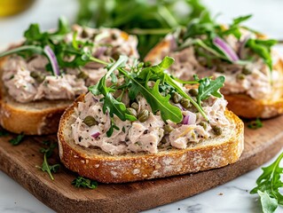  Open-faced tuna sandwich on sourdough with capers, red onion, arugula, microgreens, olive oil drizzle, elegant setup on marble in soft daylight.