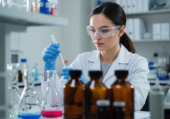 Fototapeta premium Woman in lab coat holding test tube in laboratory with various scientific equipment present