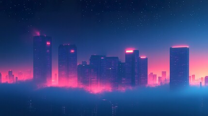 Fototapeta premium Nighttime cityscape featuring illuminated high-rises, a starry sky sparkling above, and a soft mist blending the city lights into the horizon