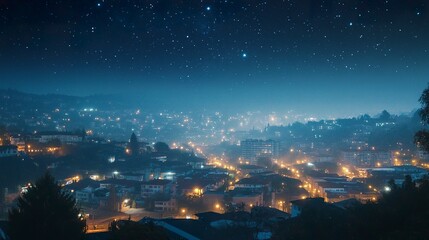Naklejka premium Nighttime cityscape featuring illuminated high-rises, a starry sky sparkling above, and a soft mist blending the city lights into the horizon 