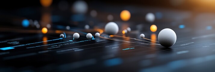 Abstract representation of digital data flow with spheres and glowing lines on a dark background in futuristic design