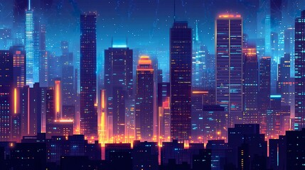Fototapeta premium Nighttime cityscape with sleek modern skyscrapers shining brightly, streetlights creating a web of light below, the vast night sky blending seamlessly into the urban glow 