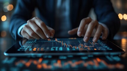 &ldquo;Businessman Reviewing Financial Data on a Tablet with Stock Market Graphs Overlaid&rdquo;
