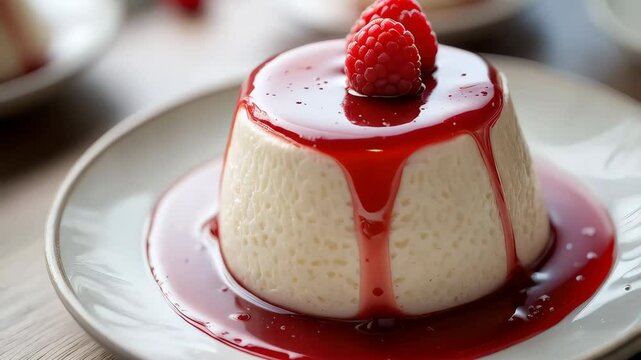 Delicious Creamy Rice Pudding Dessert Topped with Raspberry Sauce and Fresh Raspberries