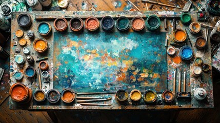Creative Workspace with Paints and Art Supplies from Top Down View