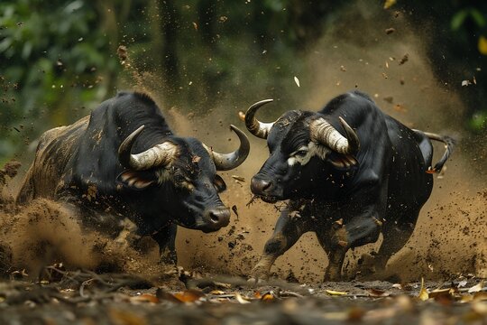 Two Bos gaurus gaur bulls clashing show of dominance deep jungle ground shakes their massive horns collide sending dirt leaves flying Their dark eyes burn intensity they fight leadership over the herd