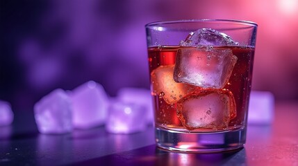 A glass of vibrant, chilled beverage with sparkling ice cubes against a radiant, gradient background.