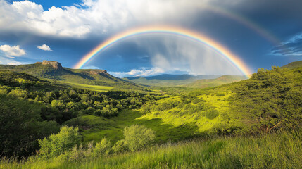 Naklejka premium rainbow over green field, rainbow over the meadow, rainbow over the mountains