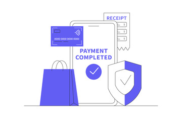 Online shopping concept template, Transaction, Mobile banking, Cashless payment, Secure digital payment, E-banking app, Credit card payment, E-bill. Flat Cartoon Vector Illustration, icon. Stylish web