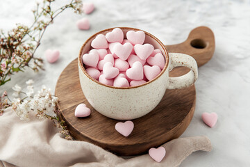 Pink heart-shaped marshmallows in a cute cup on a wooden board.  