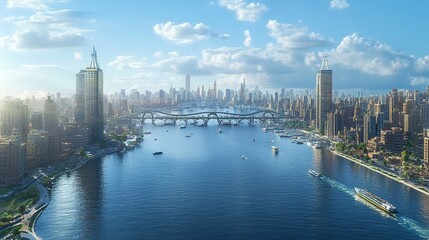 Obraz premium Panoramic aerial view of modern Cairo, with the downtown skyline rising above the bustling city, the Nile River reflecting the sunlight, bridges and boats adding movement to the serene waters 