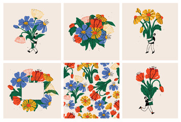 Young girl and boys holding hand drawn color bouquet of blossom flowers. Flat vector illustration for the greeting birthday cards, posters for Mother's, Valentine's, Women's Day.