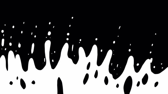 White liquid swirls, splashes, and drips on a black screen. Stock transition with a viscous white substance in 4K with an alpha channel. Cartoon-style video transition with a 2D inkblot.