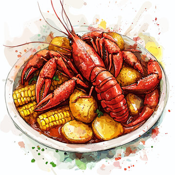 Watercolor Crawfish Boil with Corn and Potatoes
