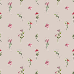 Seamless watercolor floral pattern with delicate wildflowers. Elegant hand-painted botanical design for fabric, wallpaper, invitations, and scrapbooking. Soft natural aesthetics in pastel tones