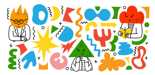 Brutalist abstract geometric shapes and grids. Brutal contemporary figure and other primitive elements for t shirt design, textile print and gifts design.