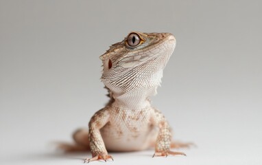 Obraz premium Close-up of a small, light brown lizard with speckled skin, looking upward against a plain white background. The lizard's texture and details are clearly visible