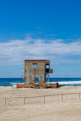 Haifa, Leonardo Beach, Israel, March 21, 2025. The deserted beach is marked by a lifeguard tower...
