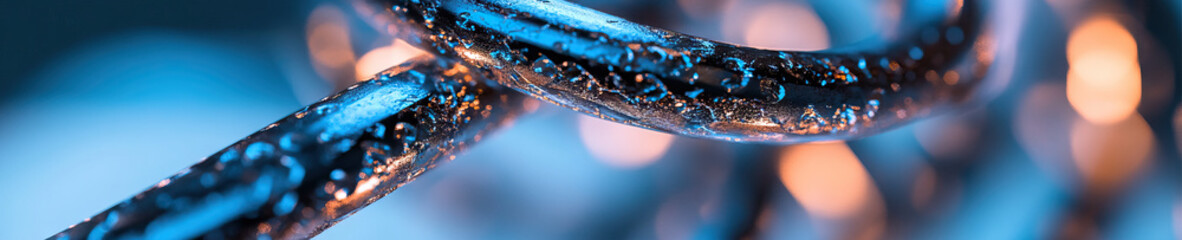 Close-up Photograph of Wet Metal Chain Link with Bokeh Lighting