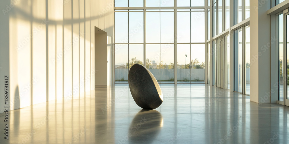 Poster Large dark gray stone sculpture in a modern building with large windows, sunlight streaming through casting shadows on floor, showcasing minimalist art in architectural space